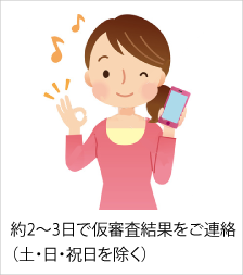 約2〜3日で仮審査結果をご連絡（土・日・祝日を除く）